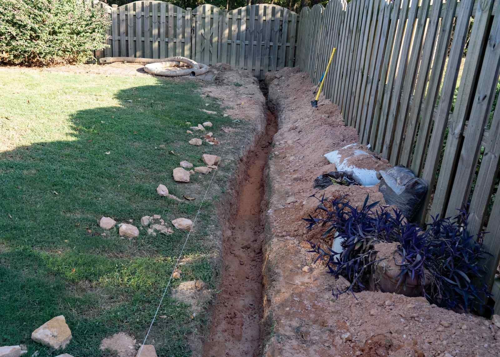 Freshly Dug French Drain Trench Along Fence In Backyard