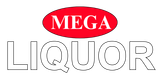 A red and white logo for mega liquor on a white background.