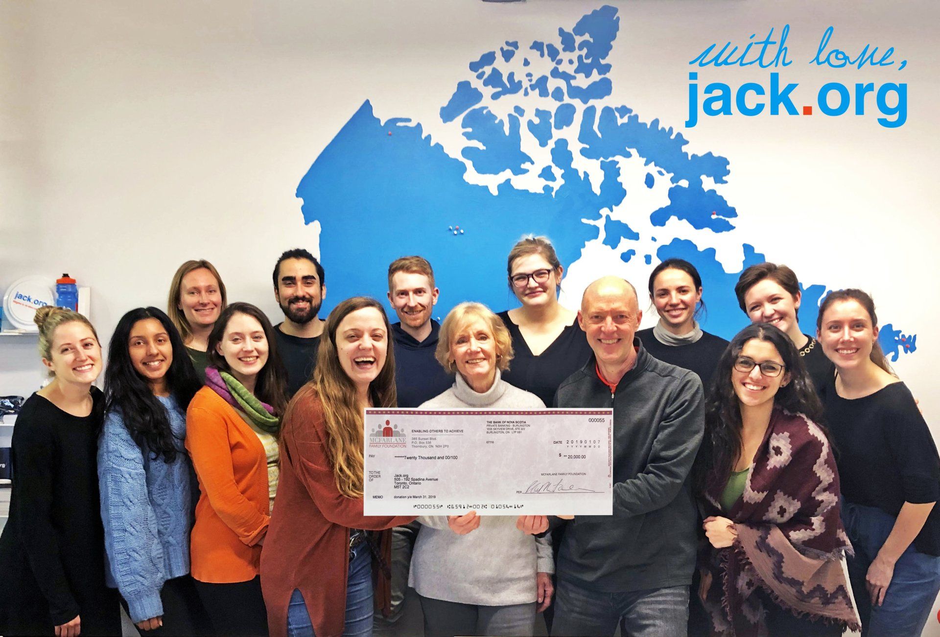 Patti McFarlane presenting $20,000 cheque to jack.org