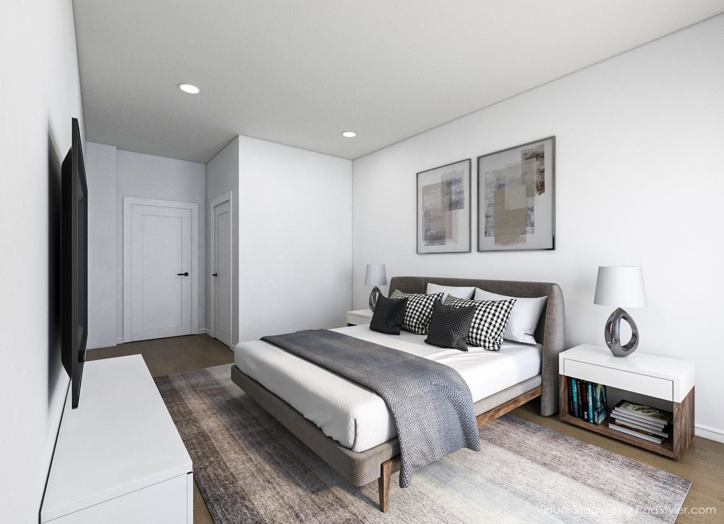 An artist 's impression of a bedroom with a large bed