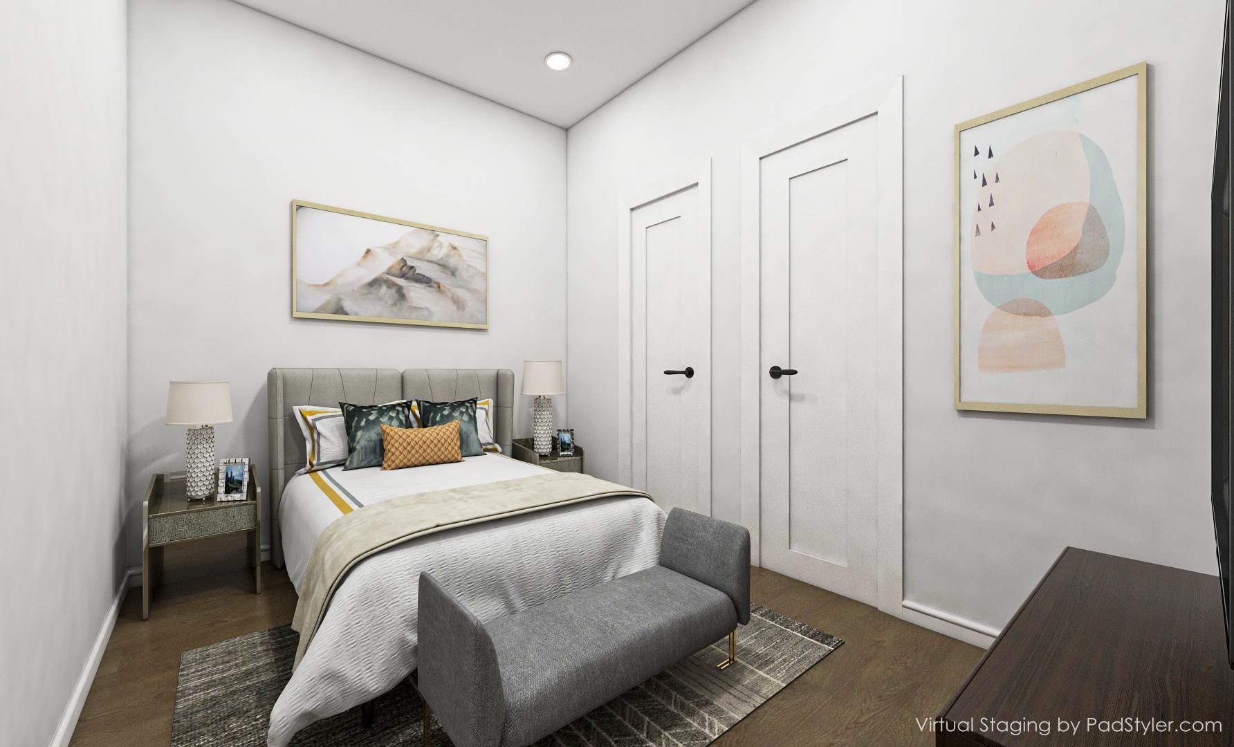 An artist 's impression of a bedroom with a bed and a bench.