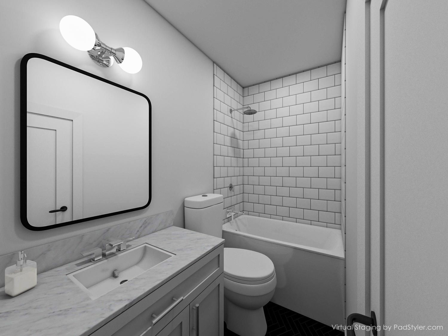 A bathroom with a sink , toilet , bathtub and mirror.