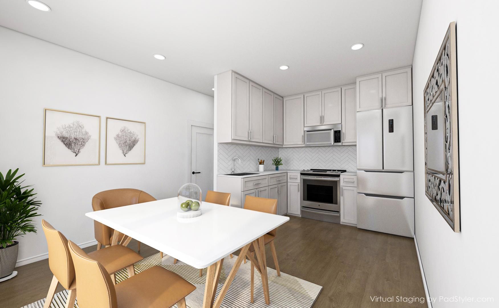 A dining room with a table and chairs and a kitchen.