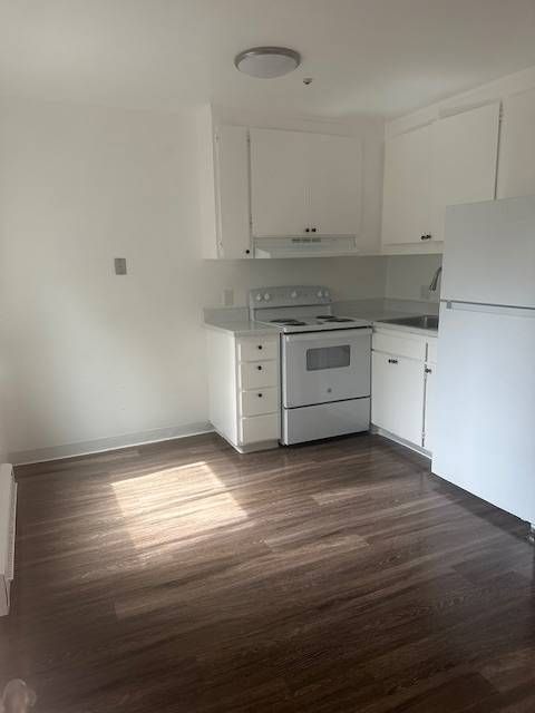 Small white kitchen with stove, fridge, cabinets, and wood-look flooring in bright natural light