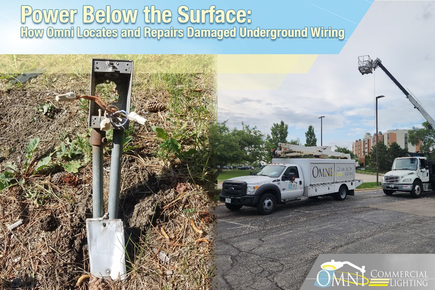 Damaged underground wiring, a utility truck, and a lift vehicle. The image's title is: Damaged underground wiring, a utility truck, and a lift vehicle. The image's title is: