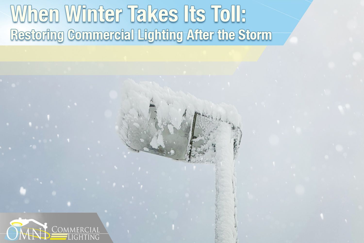 Street light covered in ice with a light blue and white background and text: