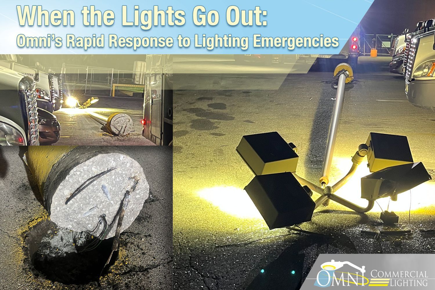 Emergency lighting illuminates a dark road scene.  A vehicle is visible, with Omni logo at the bottom.