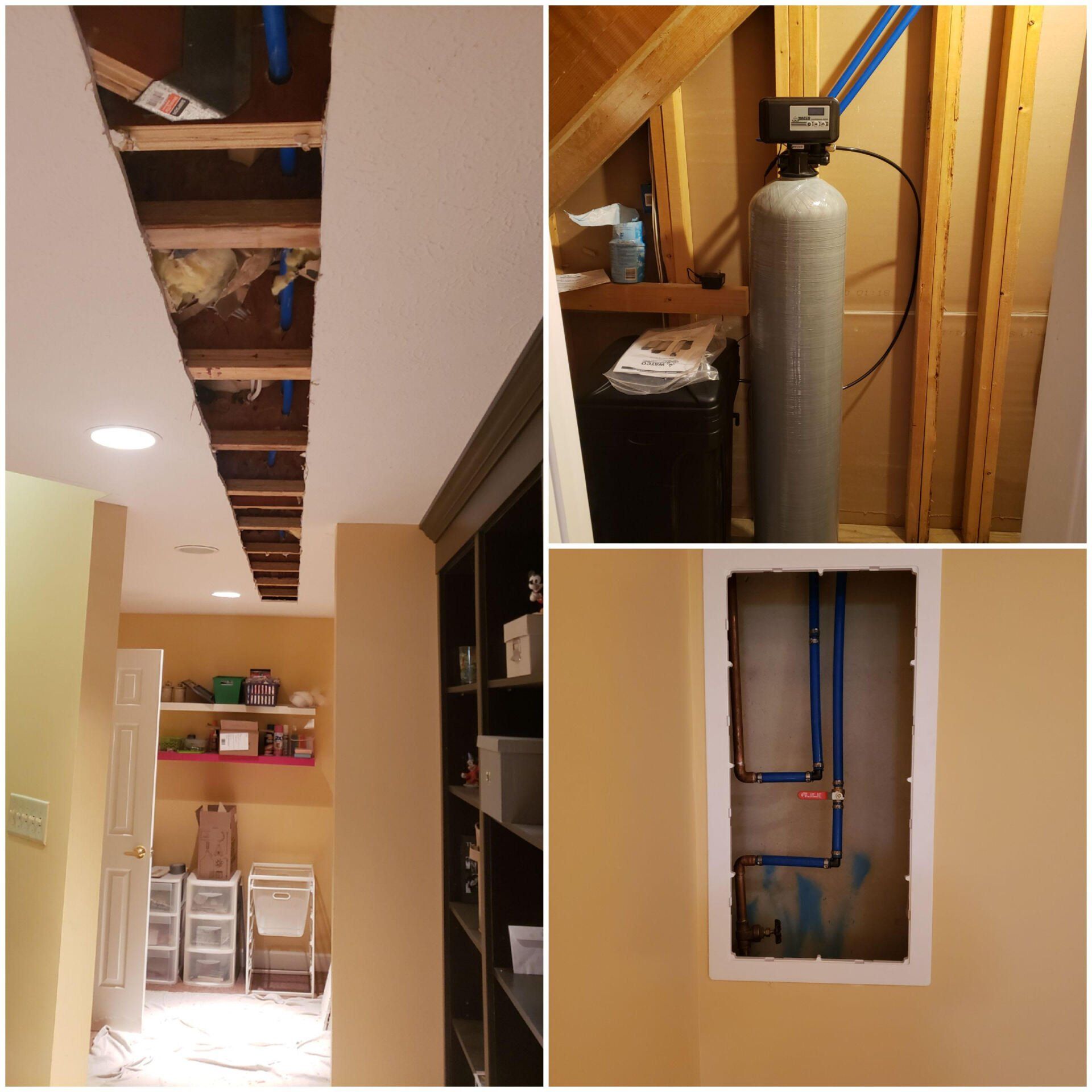 A collage of pictures of a basement with a gas cylinder in the middle