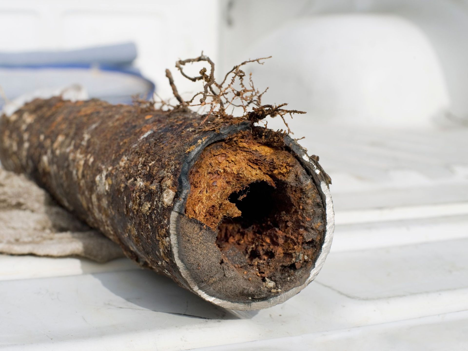 A close up of a rusty pipe with roots sticking out of it.