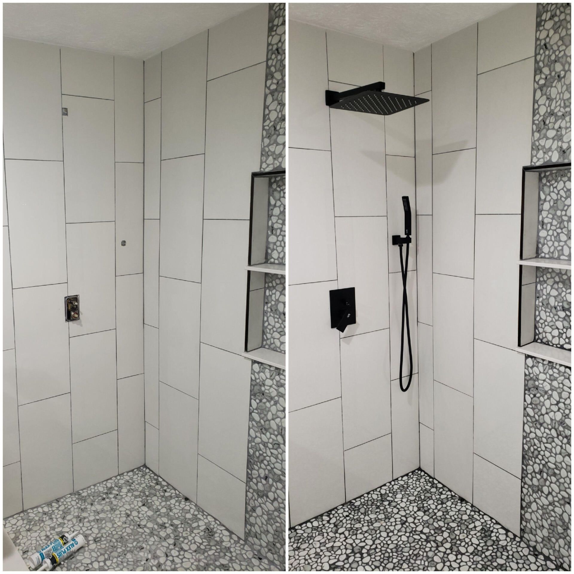 A bathroom with white tiles and a black shower head