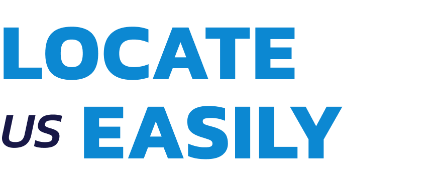 A blue sign that says `` locate us easily '' on a white background.