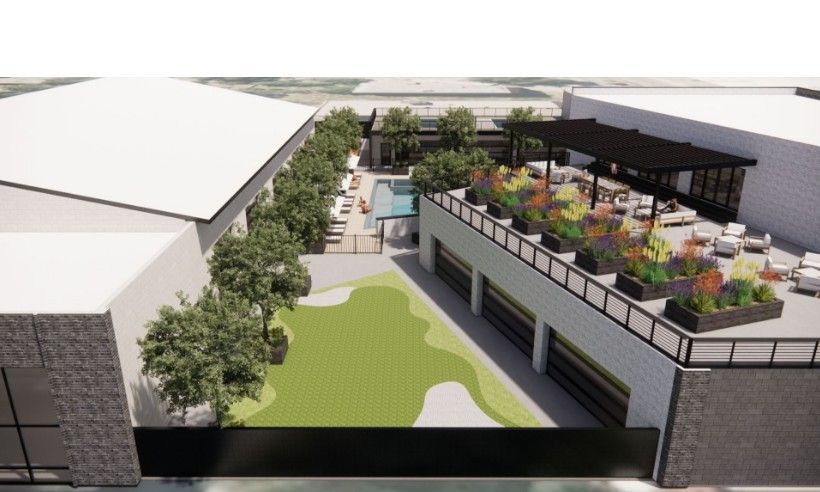 Digital rendering of the exterior garden and green areas of the SLC Club