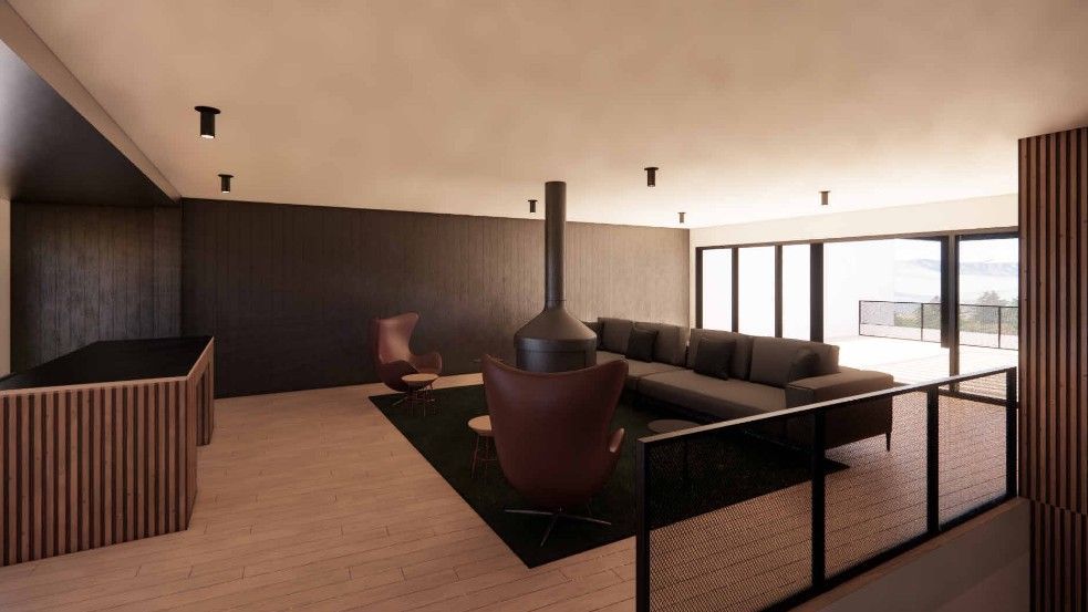Digital rendering of the inside office area lounge with a firepit in middle