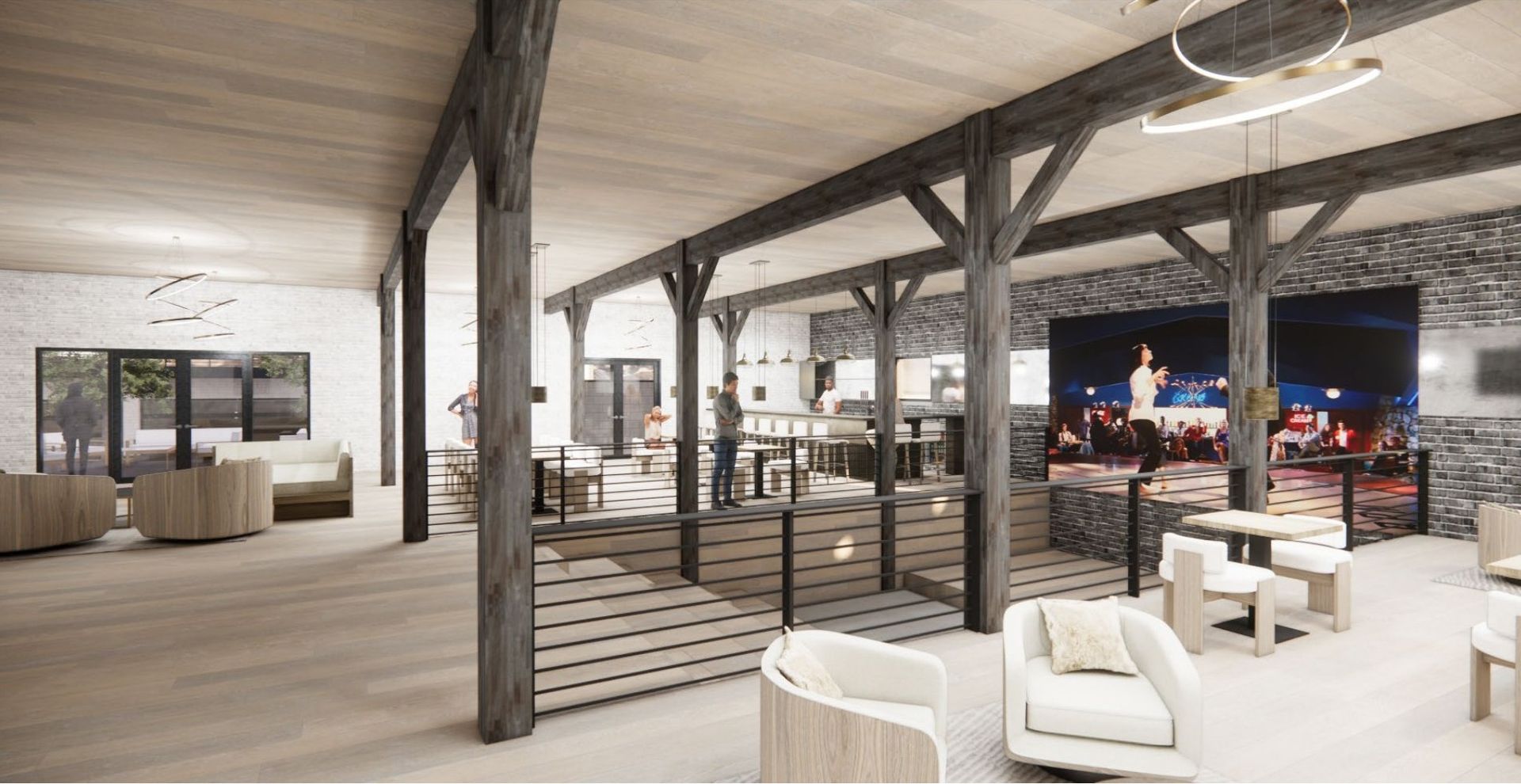 Digital rendering of the seating area and big screen tv inside the SLC Club