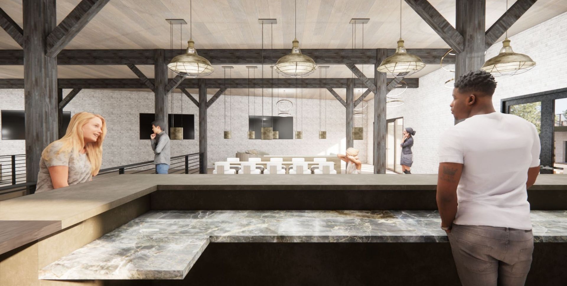 Digital rendering of the kitchen and countertop seating inside the SLC Club