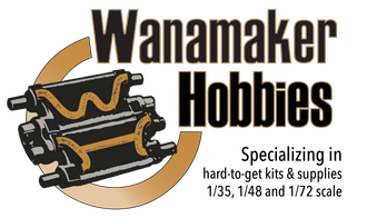 Logo for Wanamaker Hobbies. Text and an illustration of a model kit component in a circle