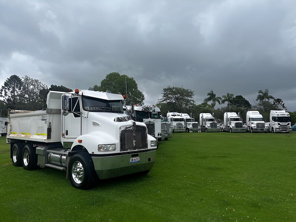 A Row Of Semi Trucks Are Parked In A Grassy Field — Wilsons Excavations & Plant Hire in Myocum, NSW