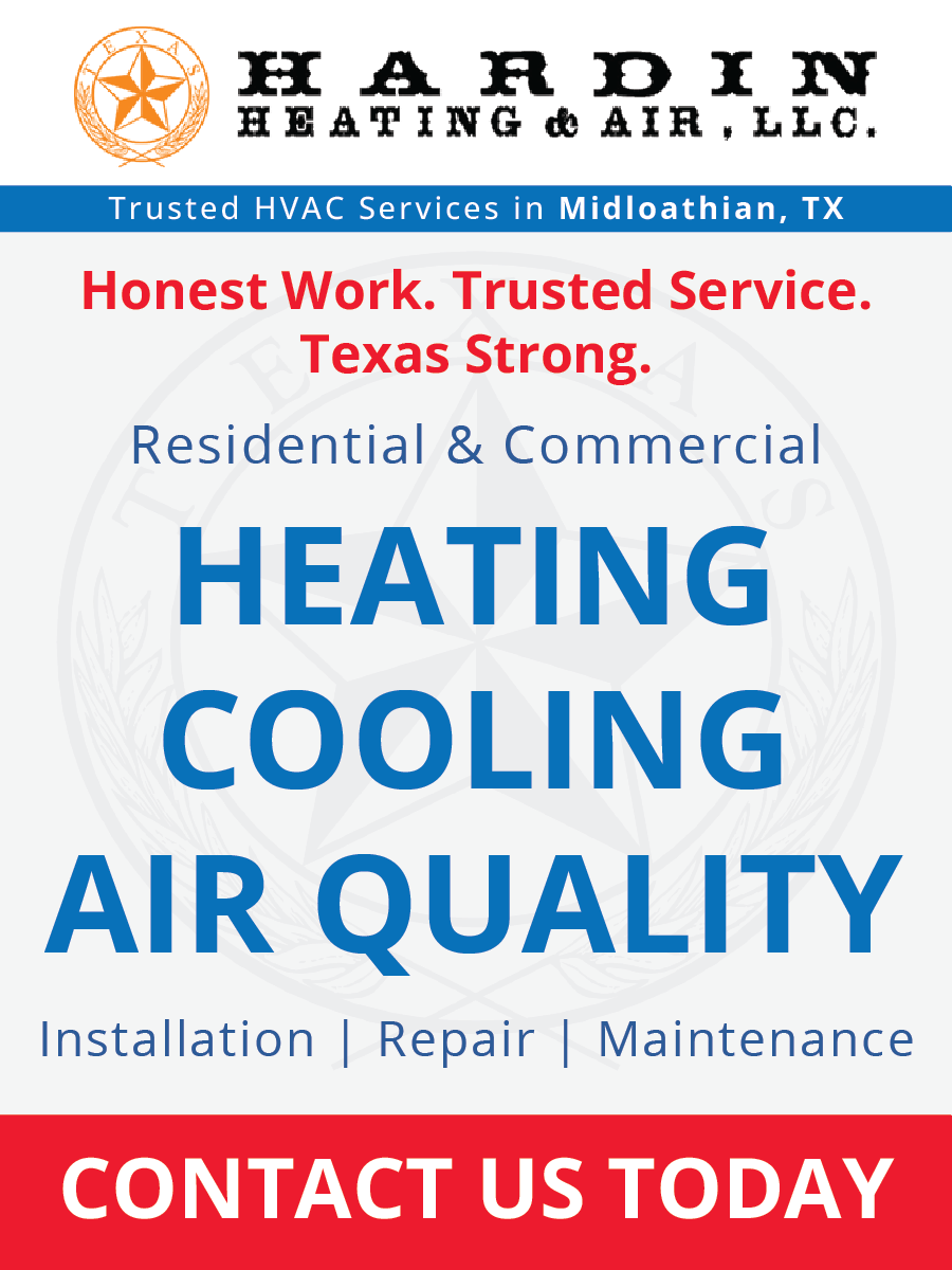 Advertisement for Hardin Heating & Air in Midlothian, TX. Offers heating, cooling, and air quality services.