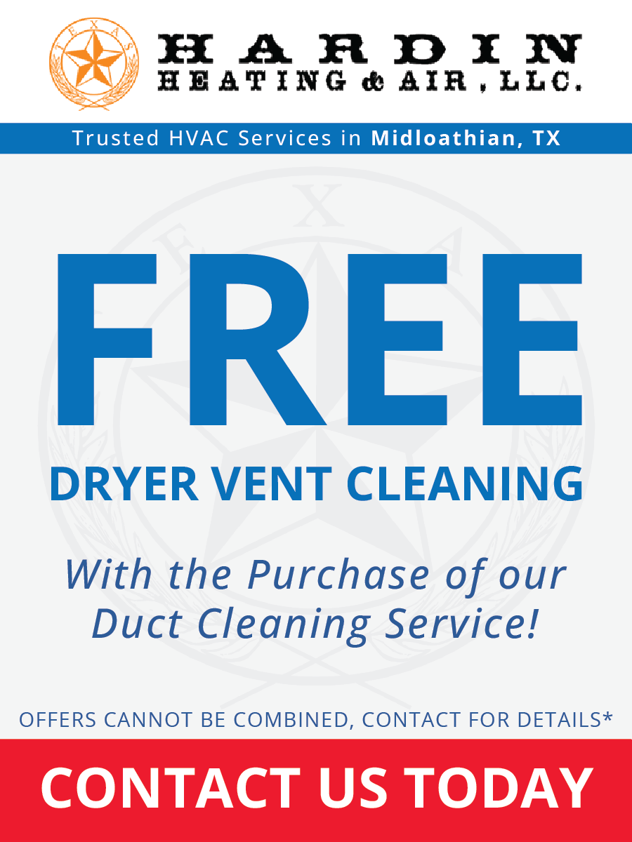 Advertisement for Hardin Heating & Air, LLC. offering free dryer vent cleaning with the purchase of duct cleaning.
