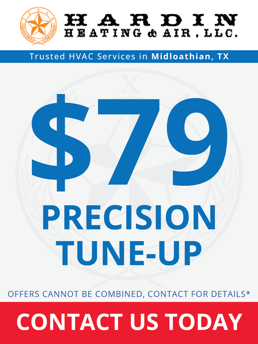 HVAC services ad: $79 precision tune-up offer. Blue text on white, with company logo and contact info.