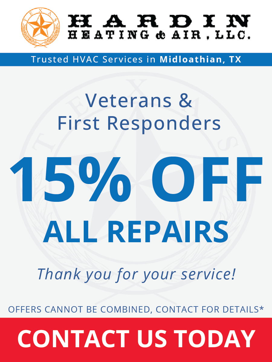 Advertisement for Hardin Heating & Air, LLC offering 15% off all repairs to veterans and first responders in Midlothian, TX.