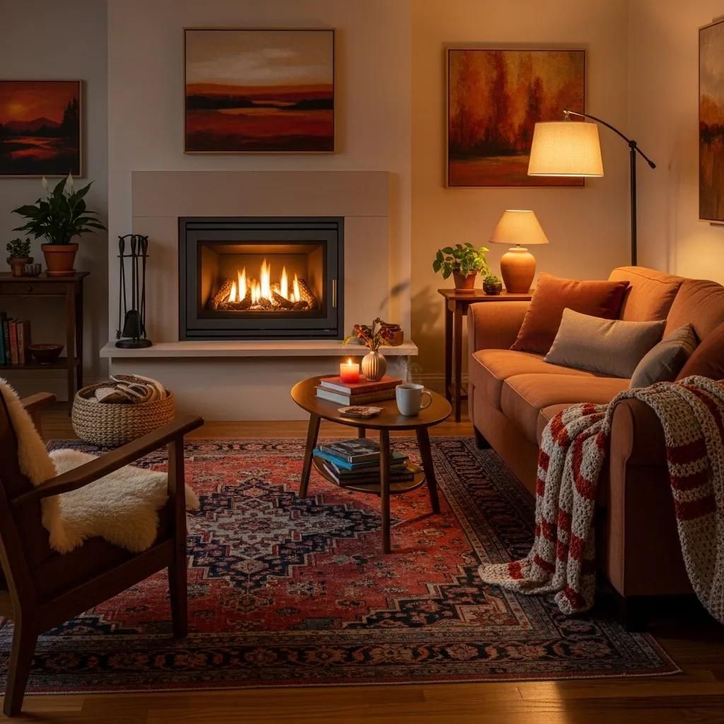 Cozy living room with fireplace, art, sofa, and rug, lit by warm lamps.