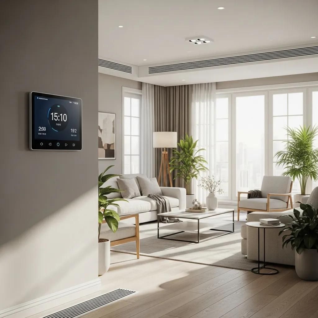 Living room with smart home control panel on the wall, bright and airy interior.