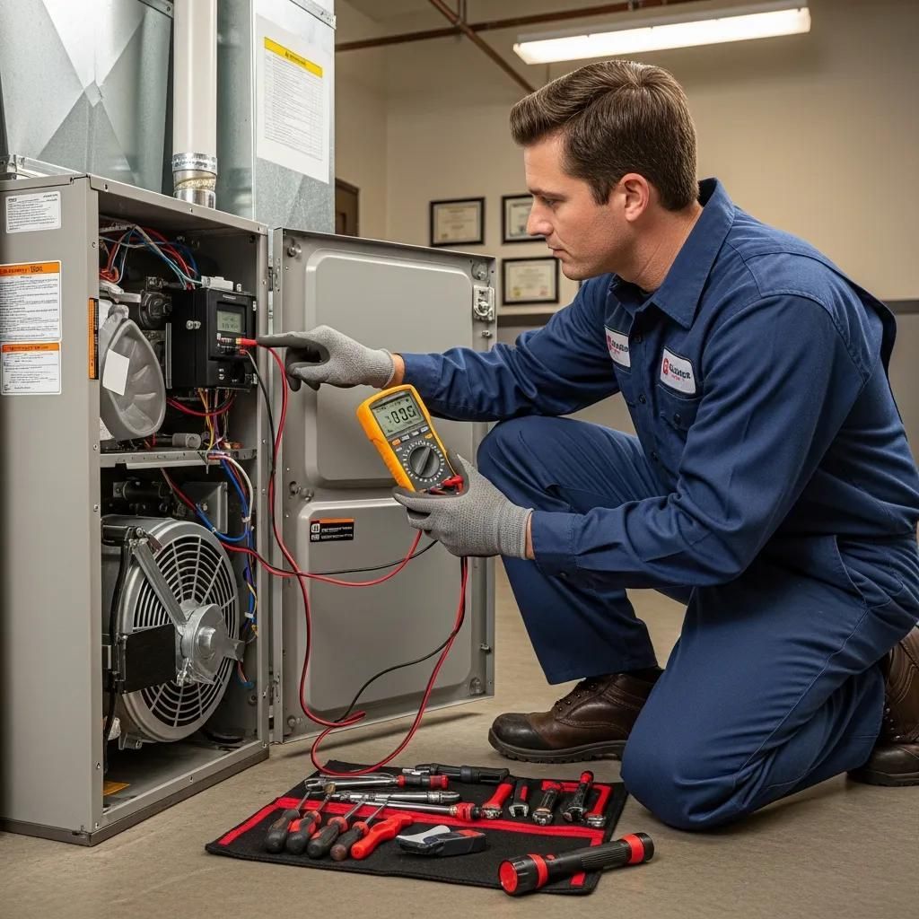 HVAC technician using multimeter to troubleshoot furnace. Kneeling, inspecting wiring with tools nearby.