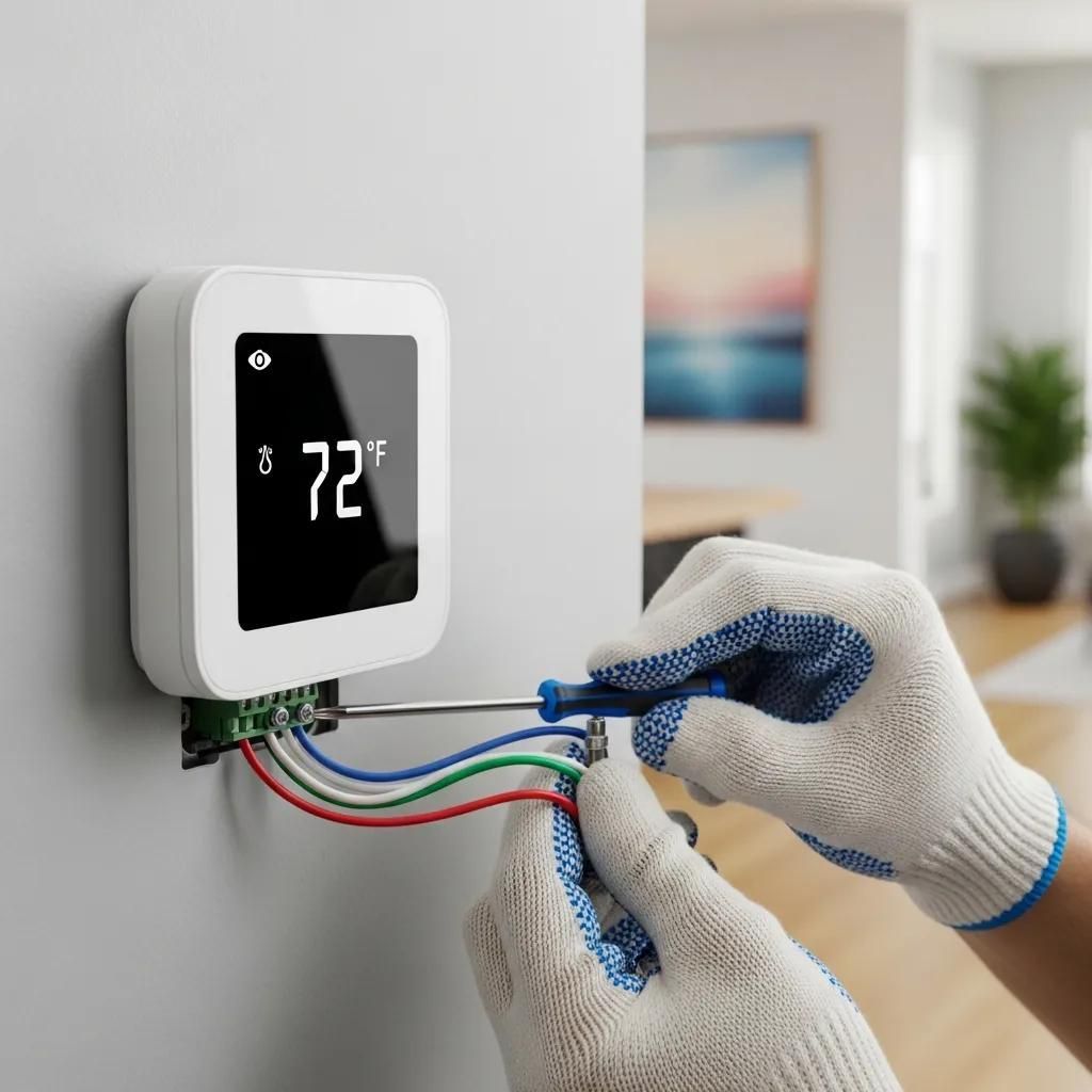 Person installing a smart thermostat with a screwdriver, wires connected to terminals, and the display showing 72°F.