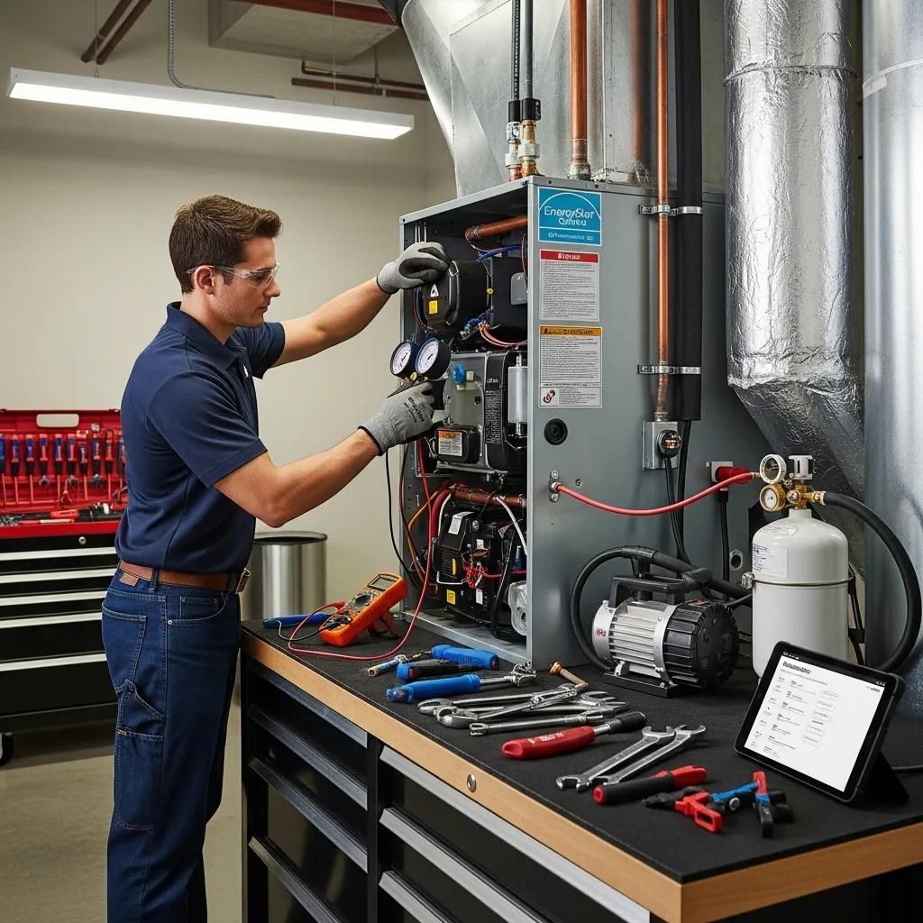 HVAC technician in a workshop, working on a unit. He's wearing gloves, with tools nearby.