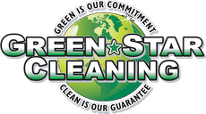 Green Star Cleaning logo in green and black with circular slogan, &ldquo;Green is our commitment, clean is our guarantee.&rdquo;