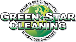 Green Star Cleaning logo in green and black with circular slogan, &ldquo;Green is our commitment, clean is our guarantee.&rdquo;