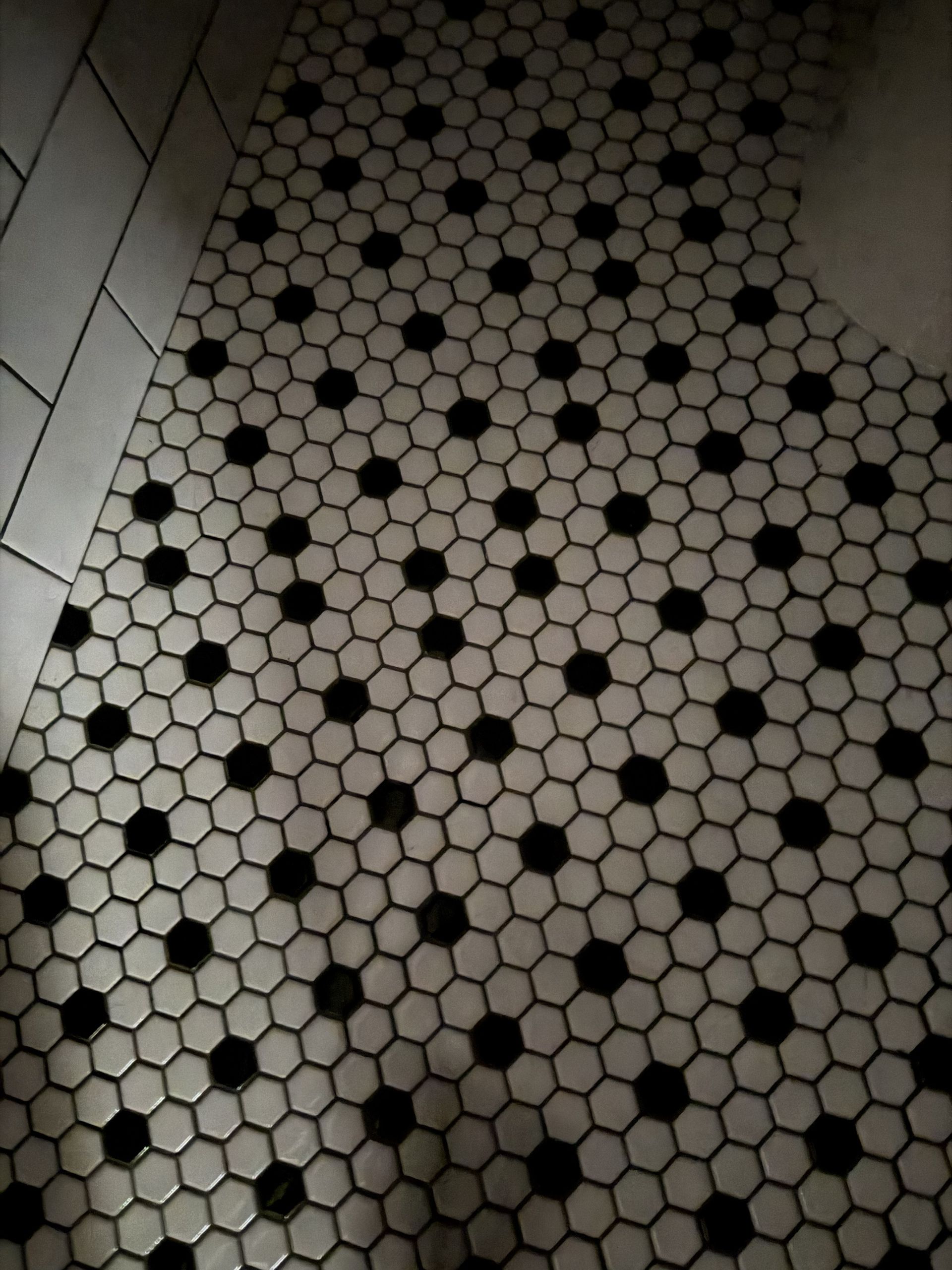 Hexagonal black-and-white mosaic floor tiles with a curved grout pattern.