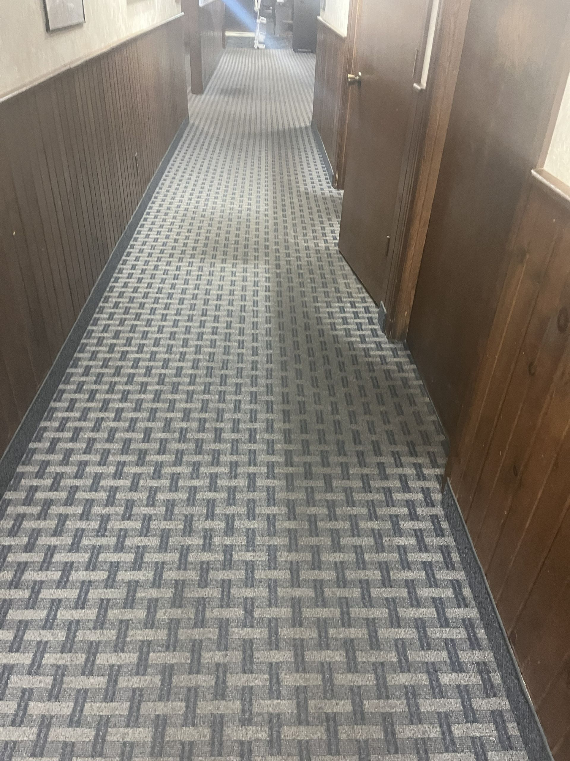 Narrow carpeted hallway with brown walls and doors on both sides, viewed from one end.