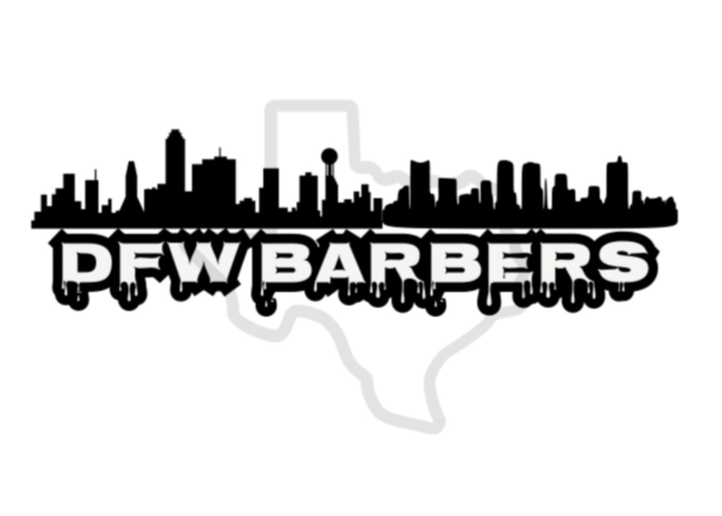Logo for DFW Barbers featuring a black city skyline silhouette over the text 