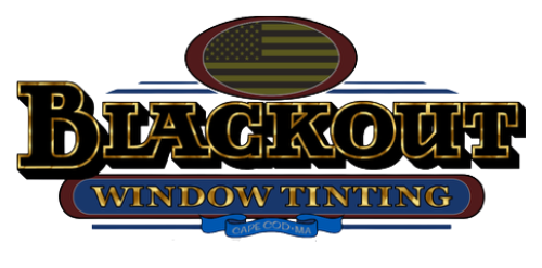 The logo for blackout window tinting has an american flag on it.