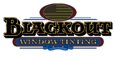The logo for blackout window tinting has an american flag on it.