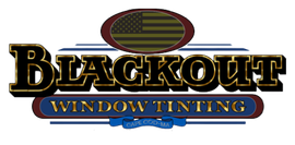 The logo for blackout window tinting has an american flag on it.