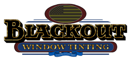 The logo for blackout window tinting has an american flag on it.