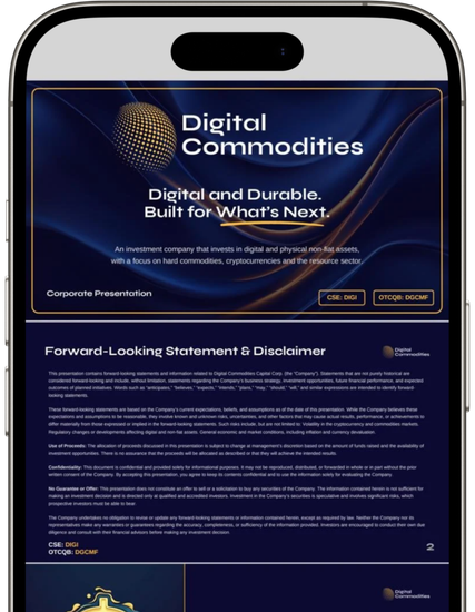 A cell phone is displaying a digital commodities website.