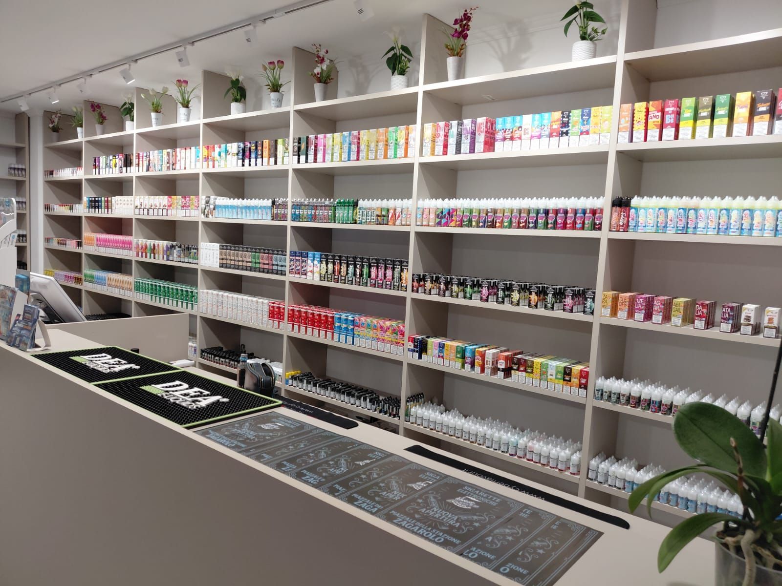 Scaffali pieni di prodotti per lo svapo in un negozio. Il bancone è dotato di tappetini, un registratore di cassa e una pianta.