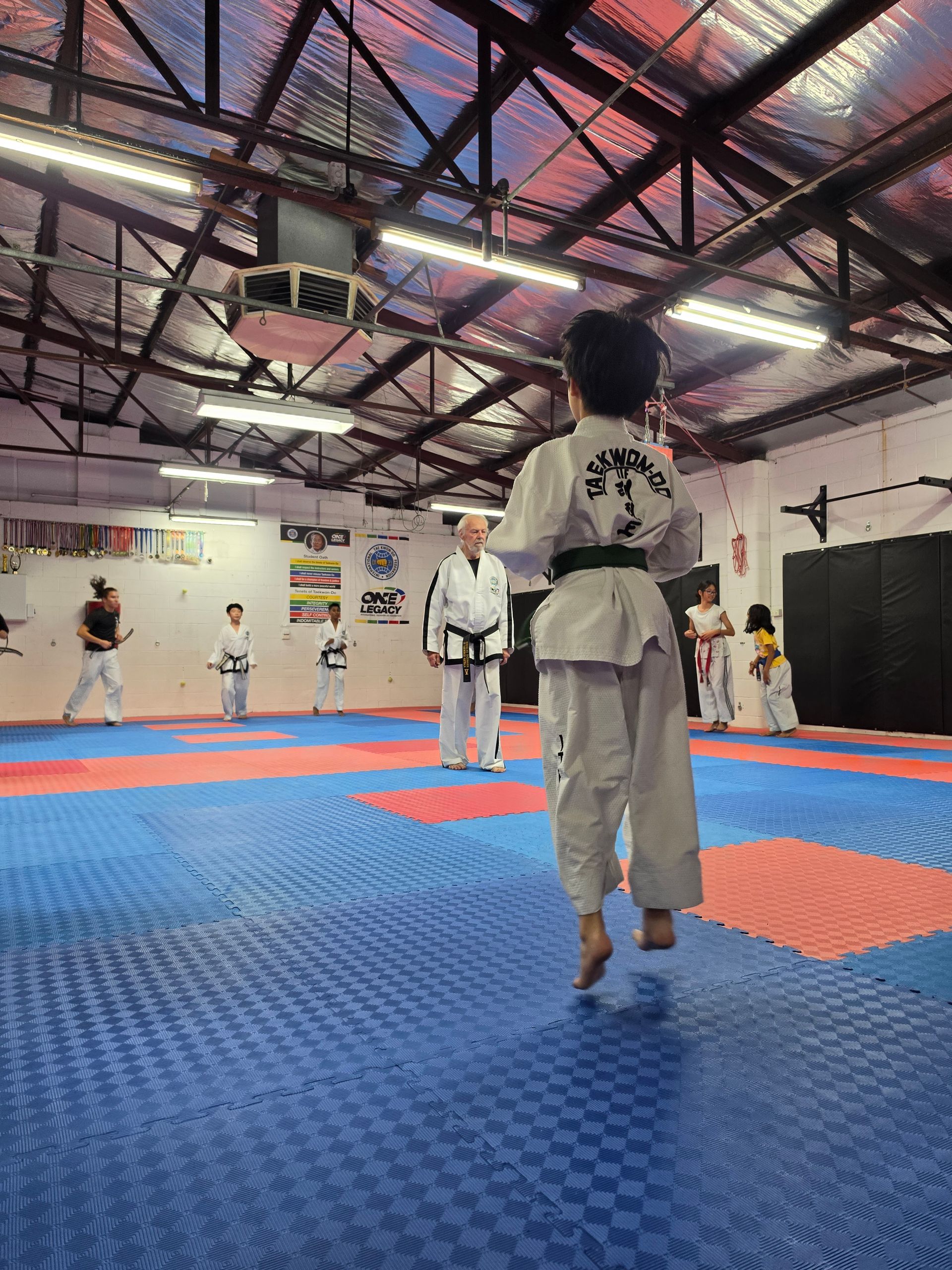 Martial arts class in a gym, with a child in a white uniform standing on blue and red mats.
