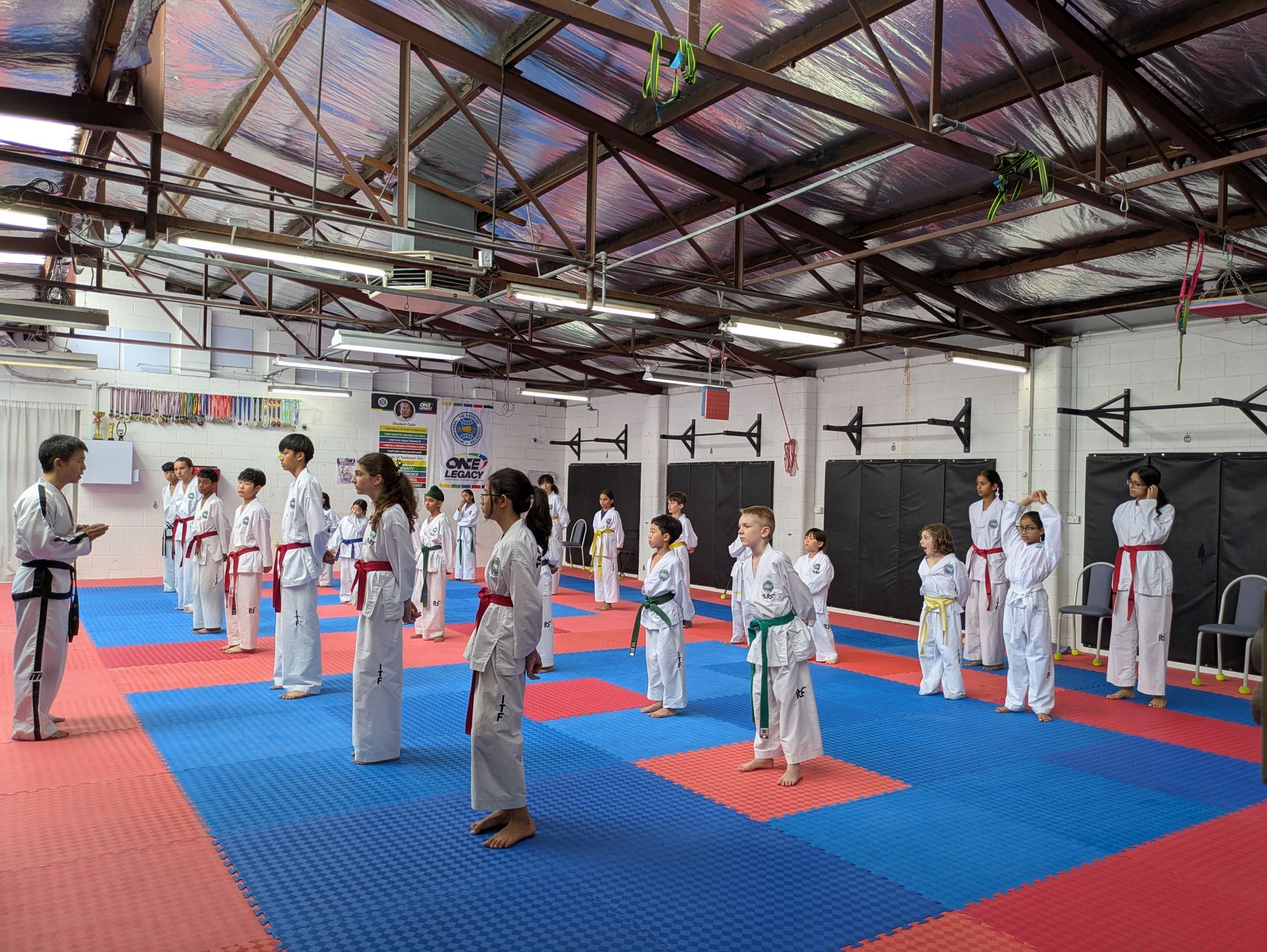 Martial arts class lined up on blue and red mats in a covered training hall, instructor at left.