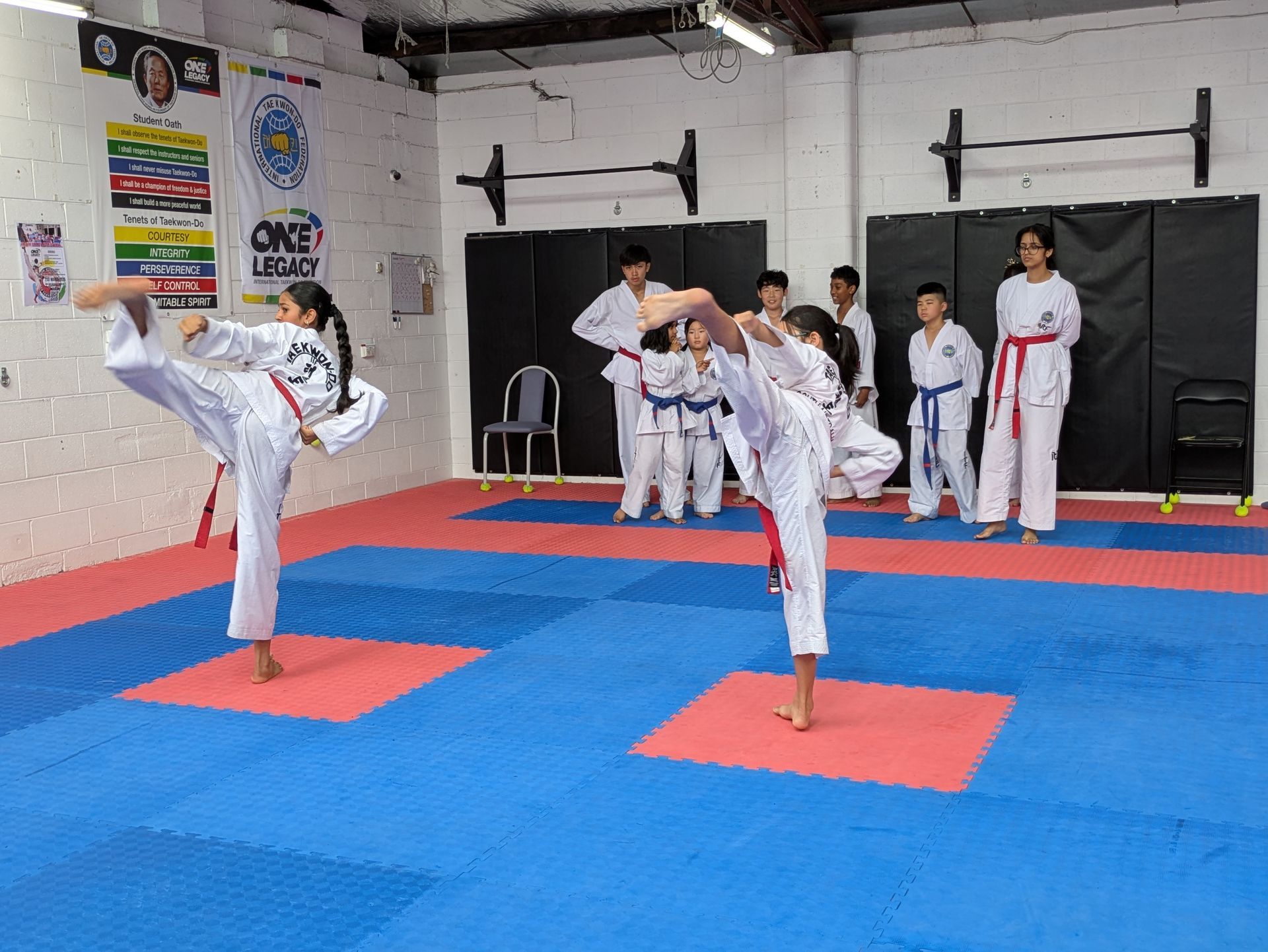 Children practicing martial arts kicks on blue and red mats in a dojo