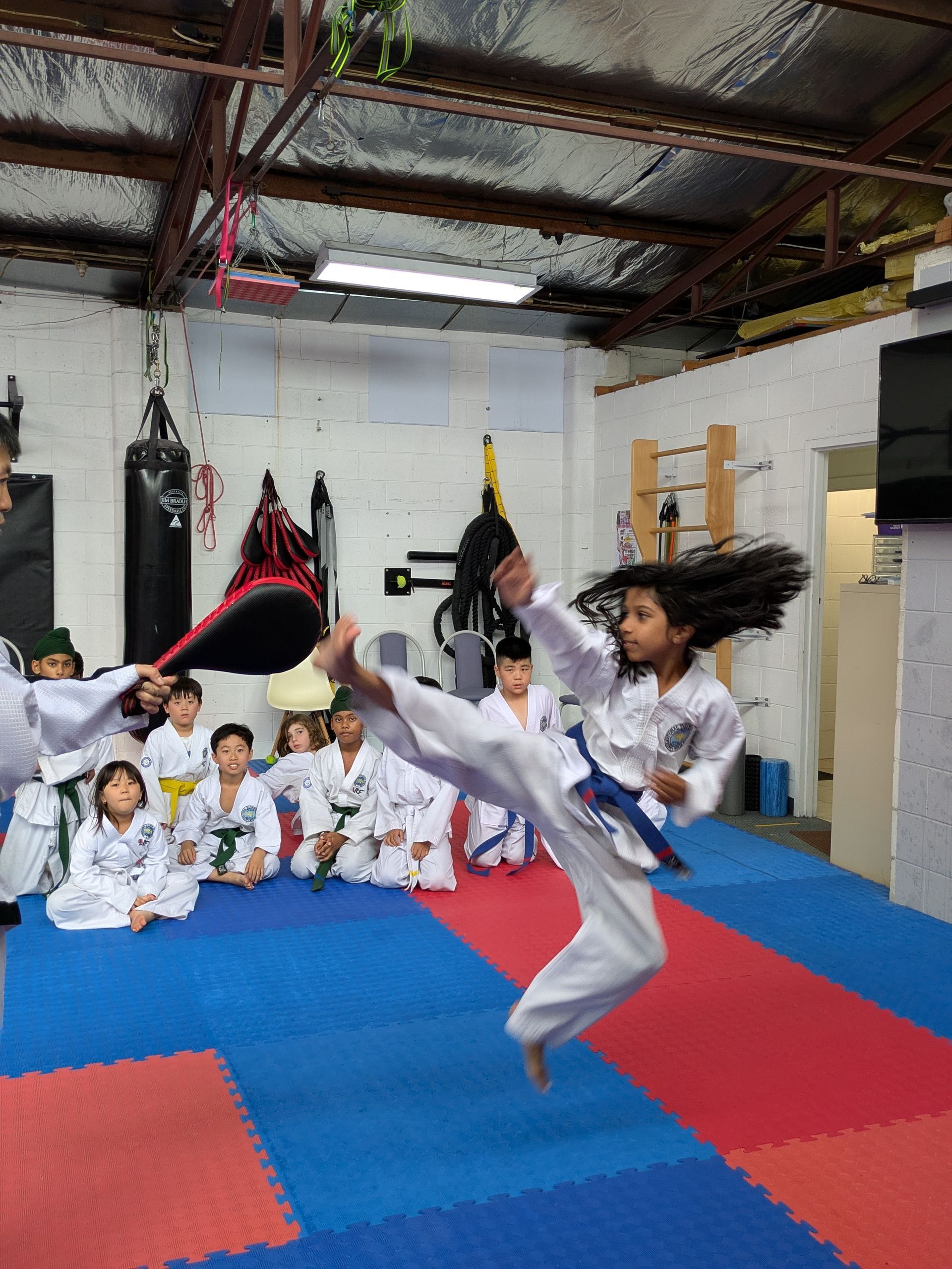 Martial arts class in a gym, with a student kicking high on a blue and red mat while others watch.