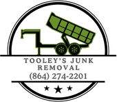 Logo for Tooley's Junk Removal featuring a green dump trailer, company name, phone number (864) 274-2201, and three stars.