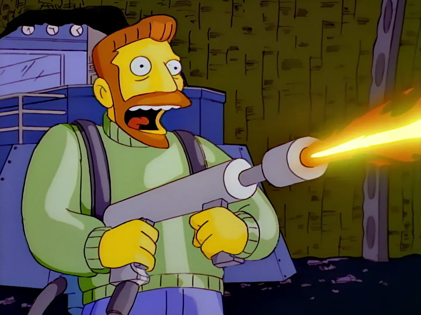 Hank Scorpio from The Simpsons, Season 8. Fires a flamethrower; he is shocked.