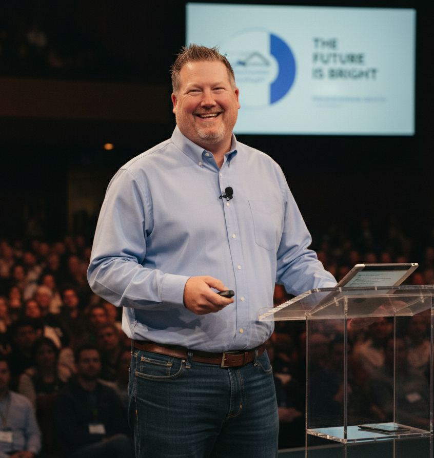 JW speaking at a podium, smiling, with a presentation screen behind him that says
