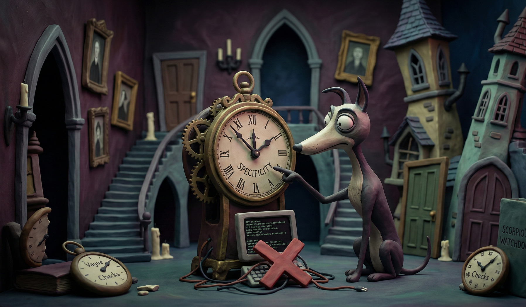 Animated dog adjusts a large clock in a gothic room. Dark colors, staircases, and crooked towers.