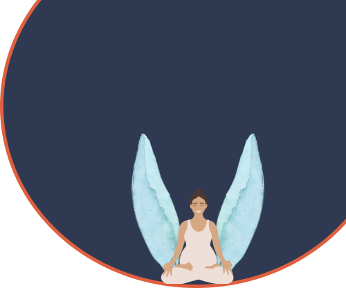 A woman with angel wings is sitting in a circle